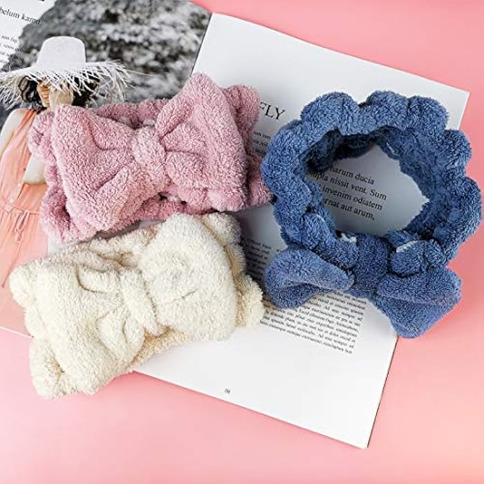 3 Pieces Towel Headband for Washing Face,Face Wash Headband Microfiber Bowtie Shower bath Headband Hair Band Makeup Spa Headband for Women and Girls (Blue,Pink,White) - Image 2